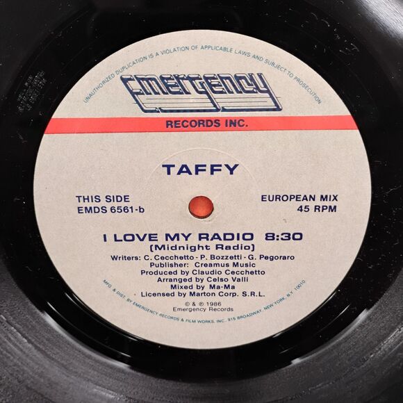 VTG Taffy ~ I Love My Radio 12" Vinyl Maxi-Single 1986 Emergency Records #6561 - Picture 6 of 6